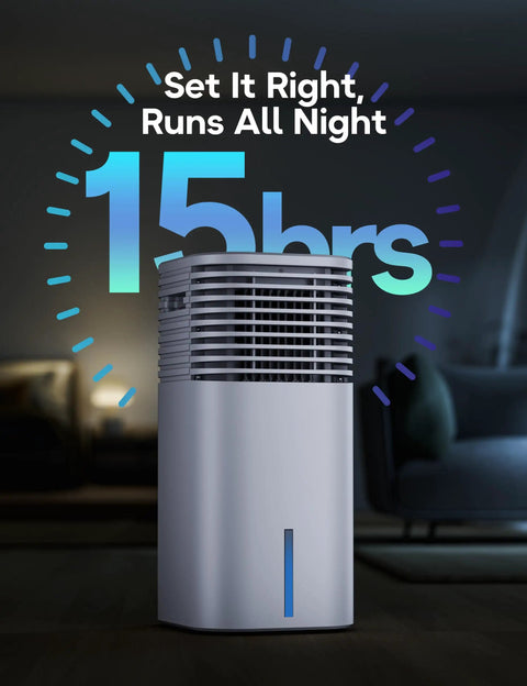 No Window Portable Evaporative Air Cooler With Remote Control 3 Speed Settings 4 Modes 7 Hour Timer Ice Packs Bladeless Quiet Design White Bedroom Cooling Alternative in dark room with 15-hour timer display.