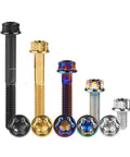 Diverse Kickass Titanium Hex Bolts M6 And M8 Thread Screws With Flange Heads In Green, showcasing different colors and finishes.