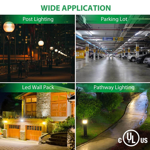 Outdoor lighting applications for dusk to dawn photocell sensor set including post lighting, parking lot, wall pack, and pathway lighting.