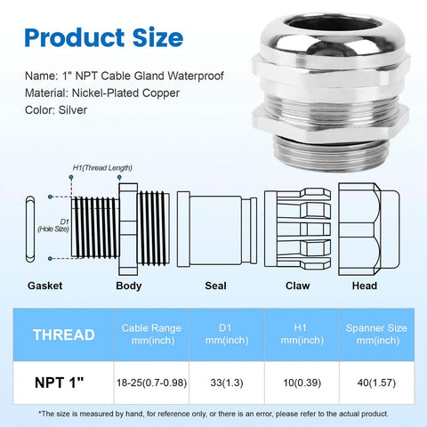 Two Pack 1 Inch NPT Nickel Plated Copper Cable Gland Waterproof Adjustable For 18 To 25 Mm Wires A Real Workhorse For Electrical Industrial And Automotive Projects. 1 inch NPT cable gland size chart