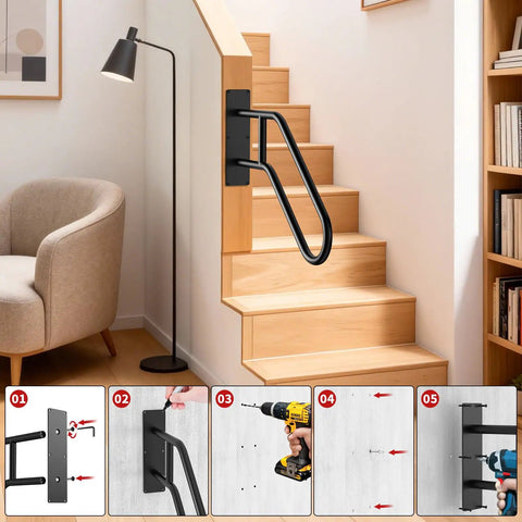 Heavy Duty U Shaped Hand Rail For Outdoor Steps, Black Wall Mount Stair Support With No Sweat Install Kit, built tough for easy installation.