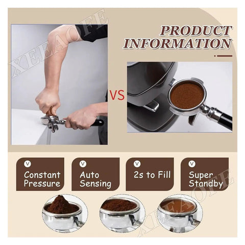 Heavy Duty Coffee Tamper With 58mm Precision Portafilter showcasing usage comparison and product features for home baristas.