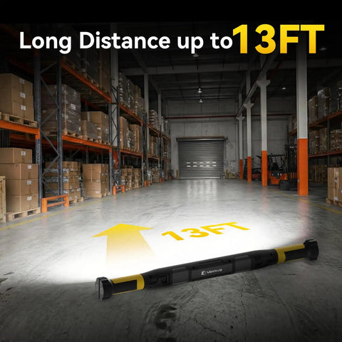 Magnetic Rechargeable Work Light 3000LM LED Light Bar With 5200mAh Battery shown illuminating a 13 ft warehouse distance