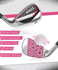 Left Handed Women Golf Clubs Set 7 Piece Complete Deluxe Kit with pink hybrid irons and technical features description