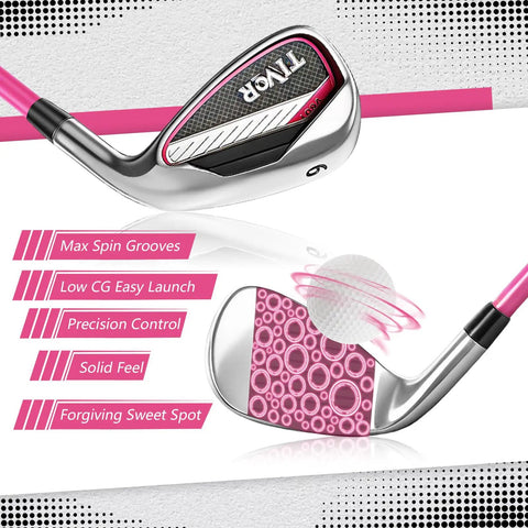 Left Handed Women Golf Clubs Set 7 Piece Complete Deluxe Kit with pink hybrid irons and technical features description