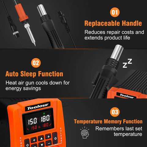2-In-1 Soldering Station And Hot Air Rework Kit With Dual Channel Control, Pro Grade, shown with replaceable handle and digital display.
