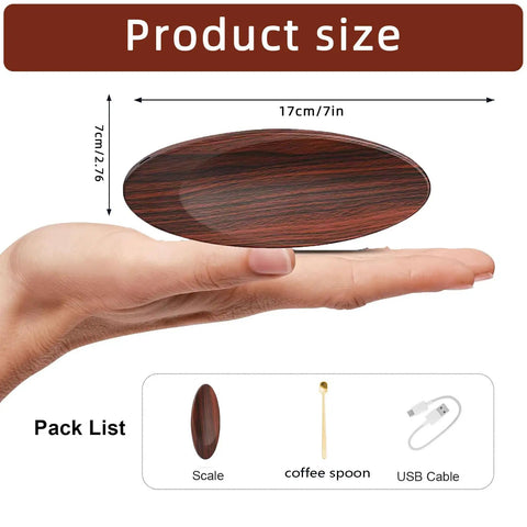 Hand holding High Precision Coffee Scale With Spoon 0.1g Increments 500g Capacity Rechargeable Digital Kitchen Scale, product size and pack list