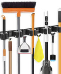 Heavy Duty Broom Holder Wall Mount For Garage And Laundry Room Stainless Steel Mop Organizer With Five Racks And Four Hooks