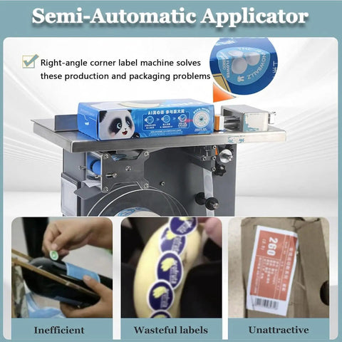 Semi Automatic Right Angle Labeling Machine With Plc Control And Fiber Optic Sensor Adjustable Speed For Tamper Evident Box CornerRadius Sealing High Precision Application on packaging workstation.