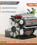 DIY Mini V8 Engine Model Kit with 535 Pieces for Teens and Adults Hands On Functional Engine Build STEM Learning Set Educational Hobby Gift for Mechanics Fans and Makers, assembled mini engine on table