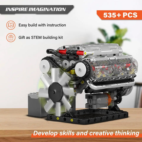 DIY Mini V8 Engine Model Kit with 535 Pieces for Teens and Adults Hands On Functional Engine Build STEM Learning Set Educational Hobby Gift for Mechanics Fans and Makers, assembled mini engine on table