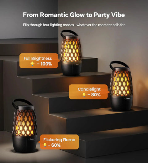 Multi Sync Bluetooth Lantern Speaker With Lights And 360 Degree Stereo Sound Auto Pairing For Up To 100 Speakers on steps showing lighting modes.