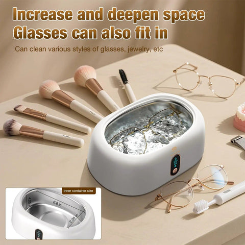 Deep Clean Master Ultrasonic Cleaner 45KHz 16oz stainless steel tank with makeup brushes and eyeglasses nearby