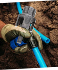 Pro Grade 3pc Pipe Threader Tool Kit For Plumbers Compatible With Electric Drill, showing steel bit cutter in use on PVC pipe.