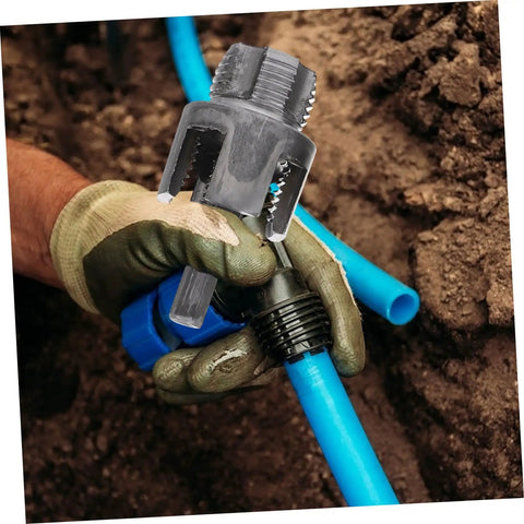 Pro Grade 3pc Pipe Threader Tool Kit For Plumbers Compatible With Electric Drill, showing steel bit cutter in use on PVC pipe.