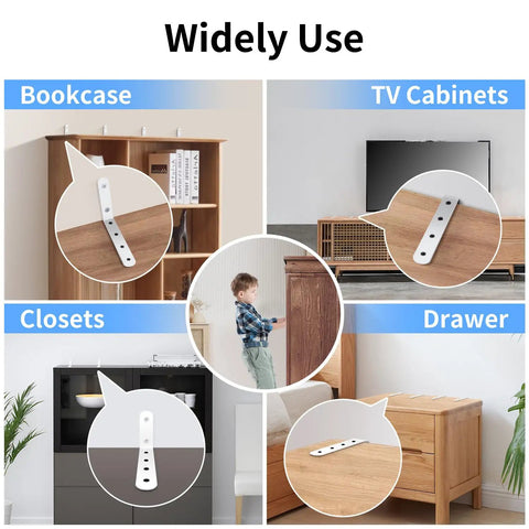 Heavy Duty Wall Mount Anti Tip Furniture Anchors To Keep Dressers And Bookcases Rock Solid And Secure Up To 400 Lbs on bookcases, TV cabinets, drawers, and closets.