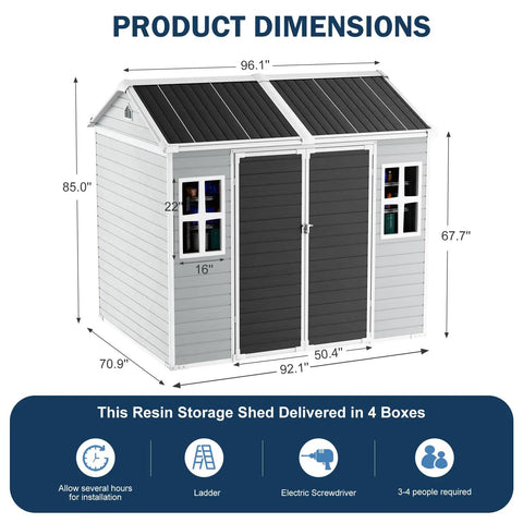 8x6 Ft Resin Storage Shed With Floor, Waterproof Outdoor Tool Shed, Lockable Door And Two Windows, Heavy Duty Plastic