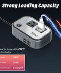 Heavy Duty 200W Car Power Inverter With Four USB Ports And AC Outlet Plug For Laptops Phones And CPAP Machines Road Trip Ready displaying strong loading capacity.
