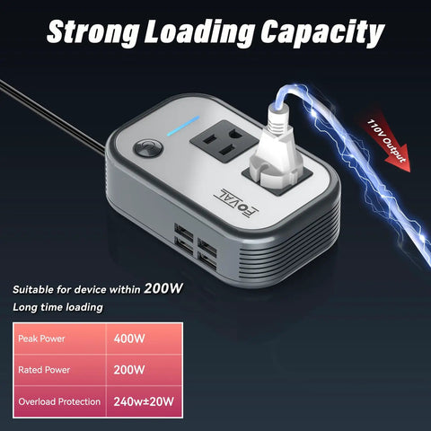 Heavy Duty 200W Car Power Inverter With Four USB Ports And AC Outlet Plug For Laptops Phones And CPAP Machines Road Trip Ready displaying strong loading capacity.