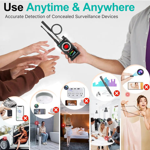 Hidden Camera Detector And RF Spy Finder for Hotels, Travel, Car, Office, and Home Privacy Protection in use.