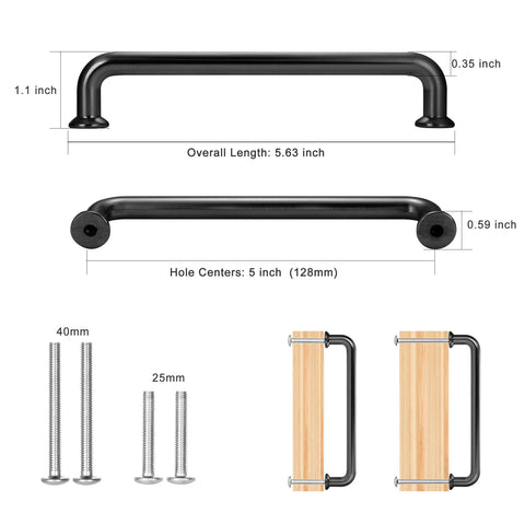 Dimensions of 5 Pack 5 Inch Matte Black Kitchen Cabinet Handles And Modern Cabinet Pulls with mounting screws and installation guide.