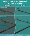 Before and after images showing bonding functions of Essential Fishing Rod Repair Kit With Strong Epoxy Glue Durable Wrapping Cord And Grip Tape Fast Guide Eyelet Reset And Pole Tip Rescue Gear For Weekend Casters And Tackle Junkies.