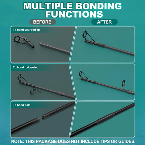 Before and after images showing bonding functions of Essential Fishing Rod Repair Kit With Strong Epoxy Glue Durable Wrapping Cord And Grip Tape Fast Guide Eyelet Reset And Pole Tip Rescue Gear For Weekend Casters And Tackle Junkies.