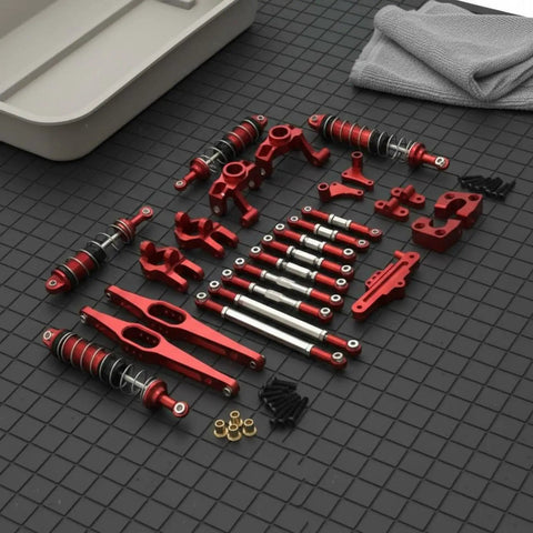 Sick Steel Steering Upgrade Linkage Set For Wltoys 12429 RC Car With Premium Shock Absorber Hardware Damping System components laid out.