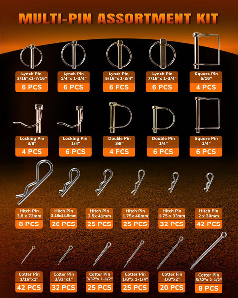 358 Piece Pin Set With Hitch Pins Lynch Pins PTO Pins For Tractors Trailers Trucks Mowers Snow Plows And Farm Equipment Heavy Duty Attachments For Secure Vibration Free Connections includes assorted zinc-plated steel pins