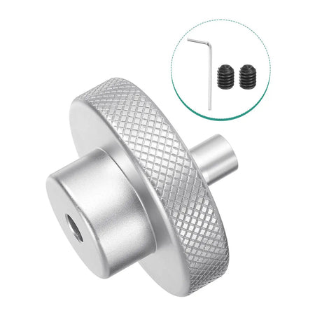 Aluminum Lathe Hand Wheel 50mm OD 5mm Bore With Rotating Handle For Milling Machines shown with wrench and screws, easy grip silver tone