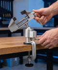 Hands adjusting 3 Inch Table Vise with Swivel and 360 Degree Tilt, Handy Workhorse Vise for Drilling, Cast Aluminum Frame, Hardened Steel Jaws