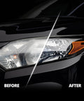 Front view of a black car headlight showing before and after restoration with CERAKOTE headlight restoration kit.