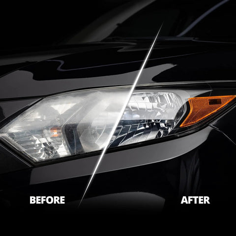 Front view of a black car headlight showing before and after restoration with CERAKOTE headlight restoration kit.