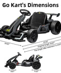 24V Electric Go Kart For Kids With 300W Motor, Drift And Sport Modes, dimensions shown with adjustable length and seat belt