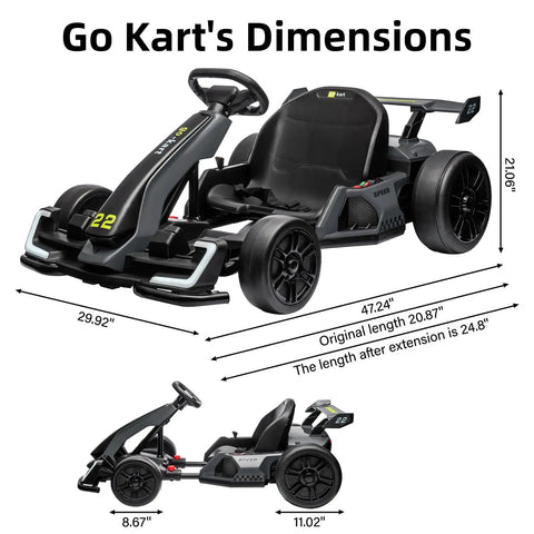 24V Electric Go Kart For Kids With 300W Motor, Drift And Sport Modes, dimensions shown with adjustable length and seat belt