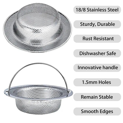 Two Pack Sink Strainer Basket With Handle Four Point Five Inch Diameter Stainless Steel Rust Free And Dishwasher Safe