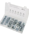 80Pcs T Nuts Threaded Inserts Pronged Tee Nuts Set in case showing assorted galvanized carbon steel fasteners
