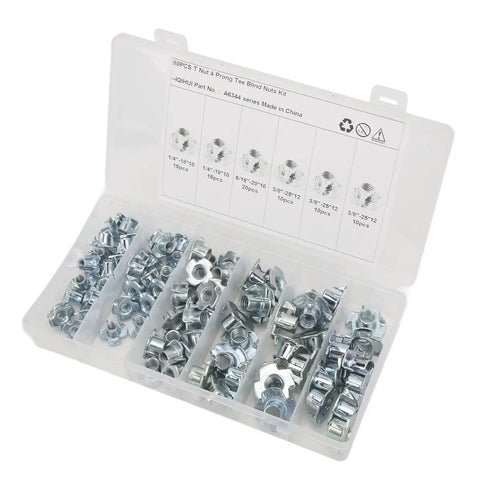 80Pcs T Nuts Threaded Inserts Pronged Tee Nuts Set in transparent storage box, built tough galvanized carbon steel.