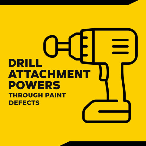Outline of drill with text highlighting drill attachment effectiveness for Quik Eraser Kit Car Scratch Remover For Repairing Surface Blemishes