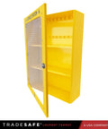 Heavy Duty Lockout Tagout Cabinet Wall Mount LOTO Storage Box Built Like A Tank With Twenty Two Shackle Holders, yellow steel design with glass door.