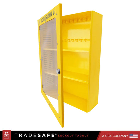 Heavy Duty Lockout Tagout Cabinet Wall Mount LOTO Storage Box Built Like A Tank With Twenty Two Shackle Holders, yellow steel design with glass door.