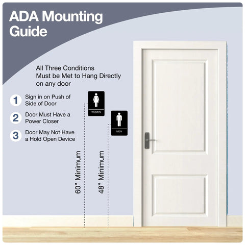 ADA Compliant Braille Restroom Sign For Business With Double Sided 3M Tape ABS Plastic 9 By 6 Inches Ideal For Offices And Restaurants Bathroom Signage With Raised Letters And Icons mounted guide with door chart and guidelines