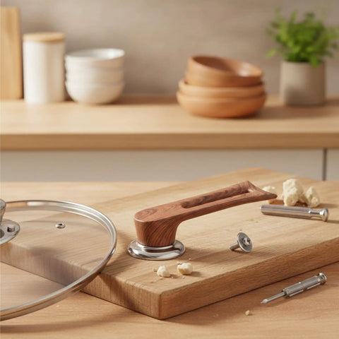 Heavy Duty Stainless Steel Replacement Pot Lid Handle With Realistic Wood Grain Finish And Secure Gasket Kit For Glass Lids That Keeps It Tight While You Cook on glass lid, wood grain handle, screws included