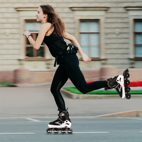 Woman skating outdoors in Adjustable Inline Skates For Teens And Adults With Light Up Wheels No Batteries Needed Easy Grow Fit.