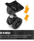 2 Pack Luggage Wheel Replacement Set For Suitcases, 55 Mm Diameter, 25 Mm Axle, Universal Silent 360 Degree Spinner Wheels For DIY Repair, Smooth Mute Glide, Black LN2, Durable Construction For Smooth Roll On Most Surfaces, side view of wheel with installation guide