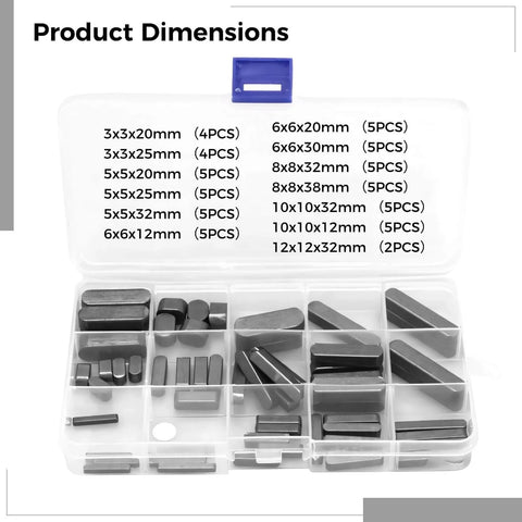 Heavy Duty 60 Piece Square Key Stock Set With Storage Box Carbon Steel Shaft Keys Woodruff Keys Parallel Keys For Drive Shafts Industrial Equipment Replacement And Maintenance shown in an open box with labeled compartments.
