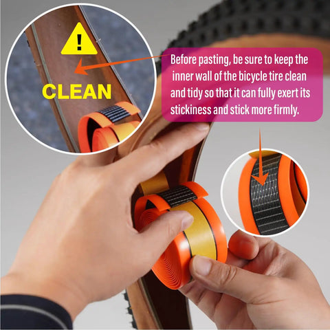 Applying self adhesive bike tire liners puncture proof shield to prevent flats on mountain MTB road gravel bikes.
