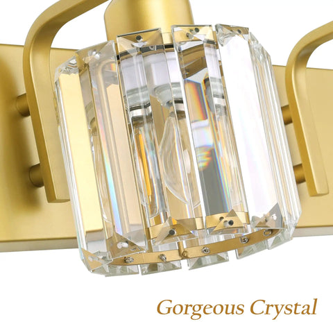 Close-up of gold crystal vanity light for bathroom, showing crystal glass detail with premium gold finish.
