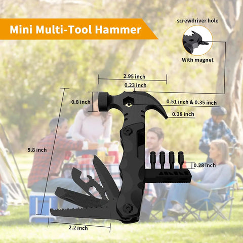 Image of a 15 in 1 Survival Multitool with Magnetic Screwdriver Heads, featuring a hammer design with detailed measurements.