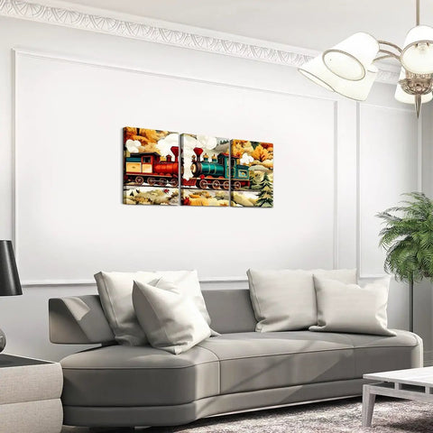 Dope Vintage Train Canvas Wall Art Set 12x16 Inches Each 3 Pieces For Living Room, featuring steam engine and woodland trees.